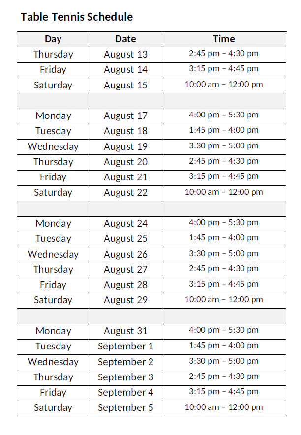 AACM Table Tennis Schedule Aug-Sep 2026 image source: AACM